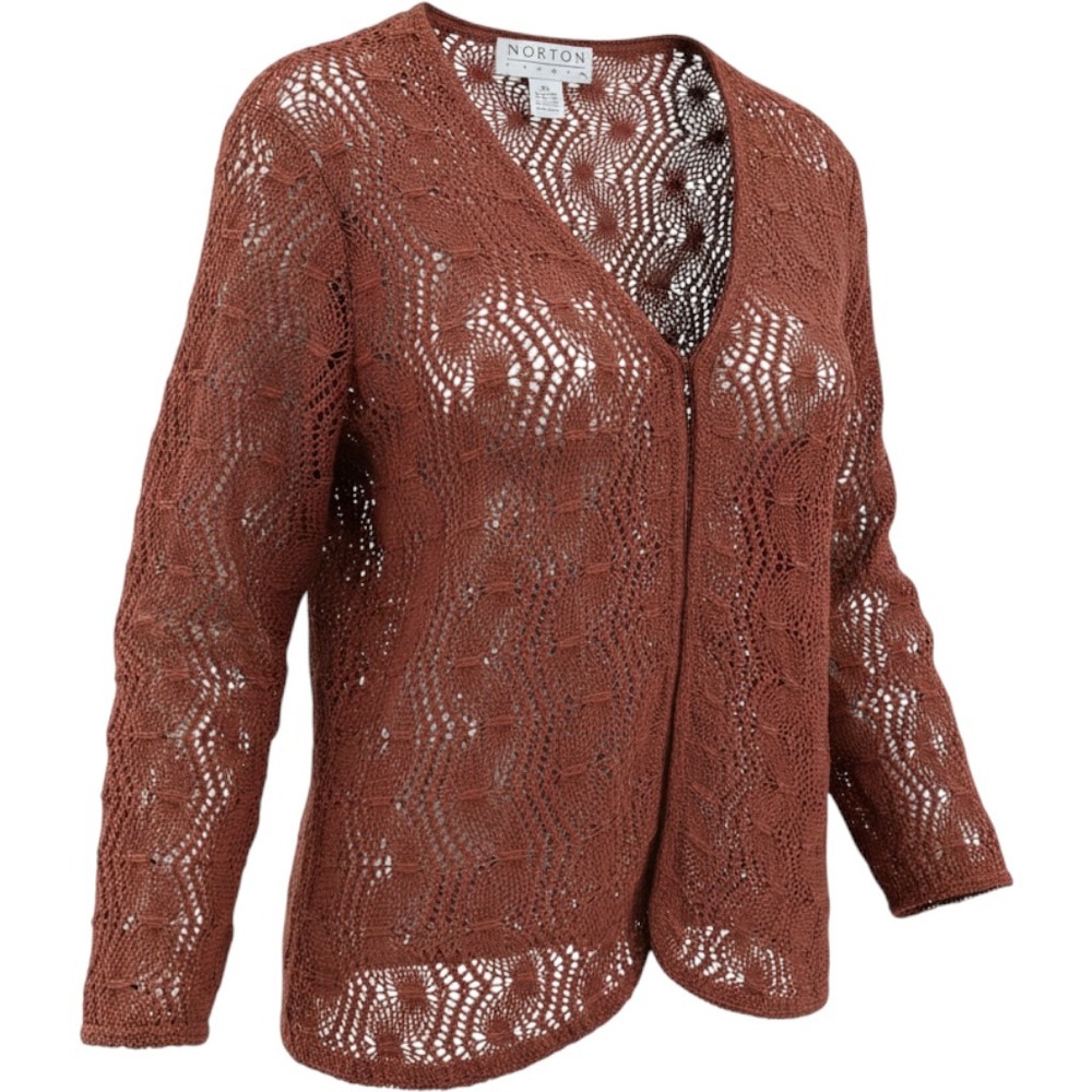 VTG 90s Rust Brown Crochet Open Knit Cardigan Sweater Womens XL Norton Studio